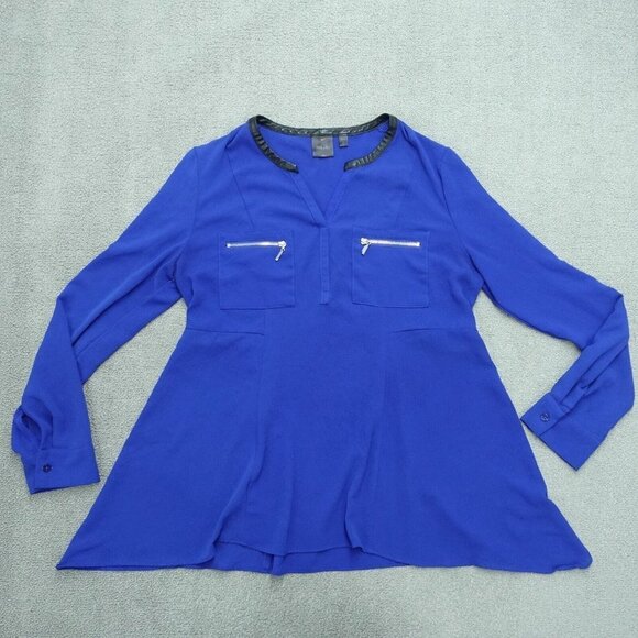 Rafaella Blouse Women's Size S Blue faux Leather Trim Slit Neck Pullover - Picture 1 of 6